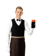 Naklejka premium Happy waiter with payment terminal on white background