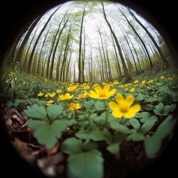 Celadine plant blooms in woods, fish eye, soft focus