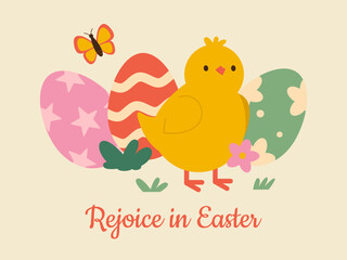 Easter, spring holiday postcard design. Cute baby yellow chicken, paint eggs, butterfly