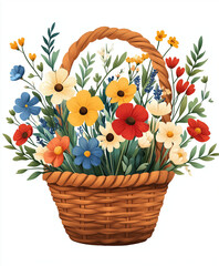 Spring illustration, basket with flowers isolated on white background, vector illustration, flat