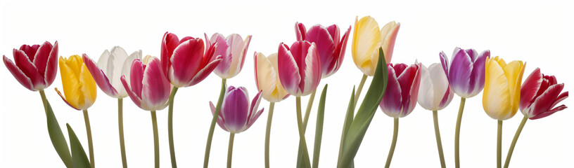 "Experience the elegance of spring.  
Vivid tulips gracefully arranged against a pure white background,  
highlighting the delicate beauty of seasonal blooms."