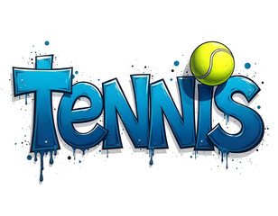 retro blue tennis ball word banner poster, Retro tennis lettering design with ball, graffiti style sport text design, Pop art tennis wording on red background art, tennis ball yellow