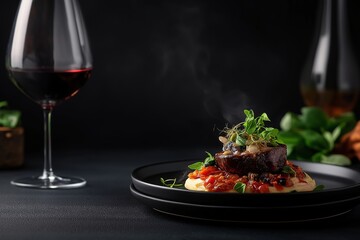 Elegant steak dish with wine in a sophisticated dark setting.