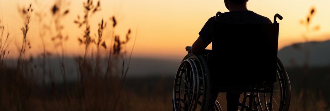A person sitting in a wheelchair embraces the serene beauty of a sunset, reflecting on life and its challenges while surrounded by nature's tranquility.