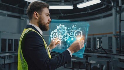 A business professional in a suit and safety vest interacts with a holographic display. The setting showcases a modern industrial facility with machinery in the background