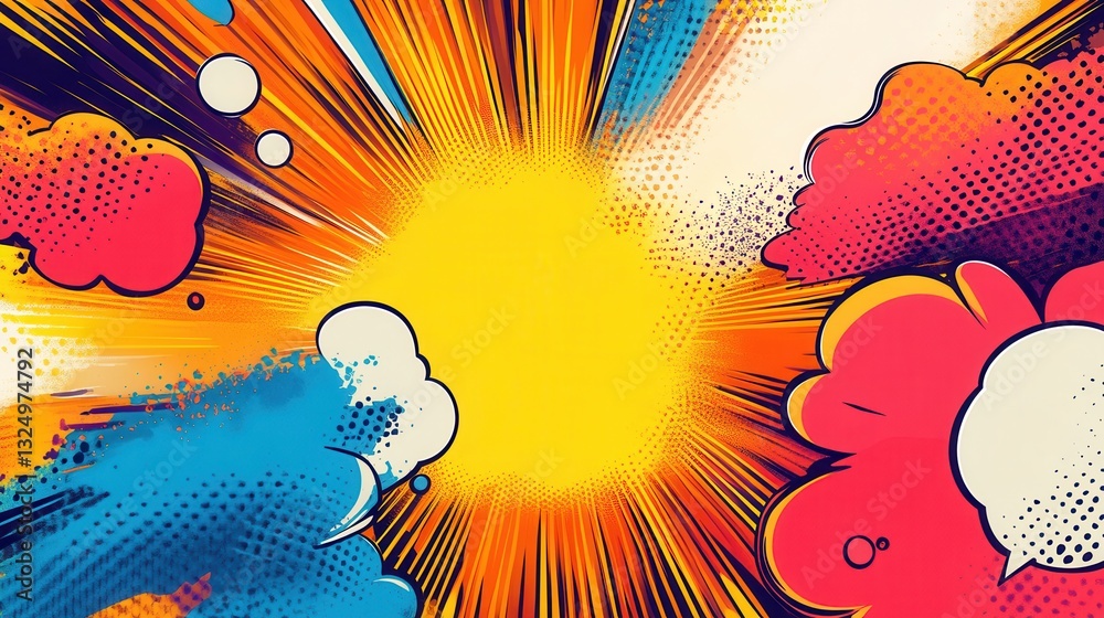 Poster dynamic comic book background with vibrant colors, halftone patterns, and bold action elements enhan