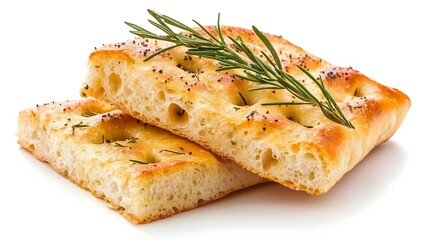Rosemary focaccia bread isolated on white background