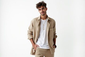 Half-Length (Waist-Up) portrait of young stylish smiling Italian male model in bohemian wear isolated on pure white background looking at camera