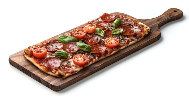 Rectangular Pizza with Pepperoni and Tomatoes Isolated on White Background