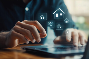 Man Interacting with Digital Real Estate Search holographic Bar with house icons in the air on Blurred Background