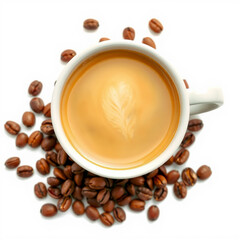 Cup of Coffee with Latte Art and Coffee Beans on White Background