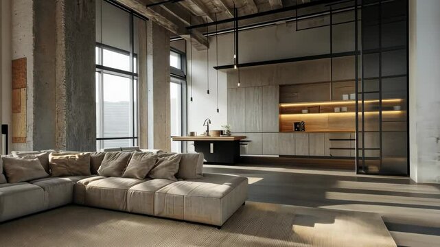 Sunlit urban loft with modern interiors and cozy lounge area