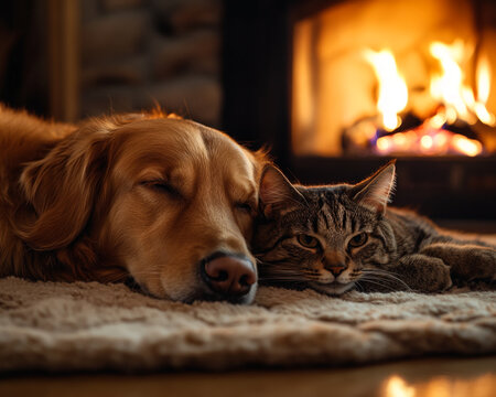 Golden retriever and tabby cat sleeping together on beige fur rug near fireplace, showcasing warmth and companionship