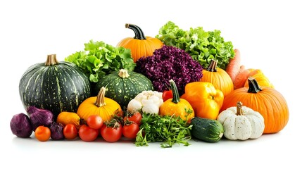 Fresh Organic Vegetables and Pumpkins Isolated on White Background