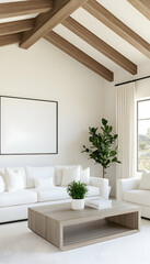 Modern, bright living room with wooden beams and white furnishings