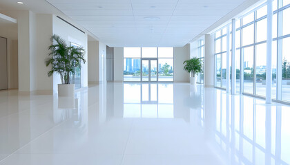 Fototapeta premium Modern, bright, empty hallway with large windows
