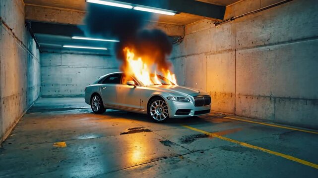 Burning car close up. Big flames of fire and lots of smoke.