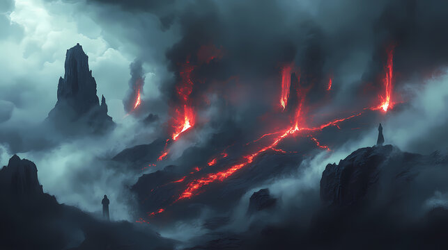 A haunted volcanic landscape with glowing red fissures and ghostly figures emerging from the smoke. Volcanic Glow. Illustration