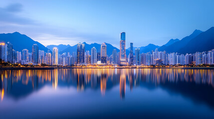 Obraz premium Modern city skyline reflected in tranquil waters at dawn