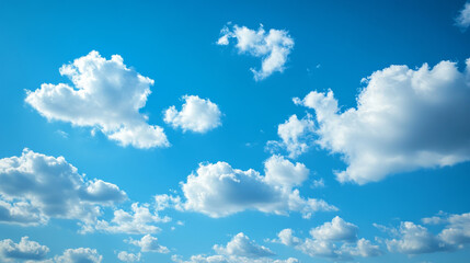 A bright blue sky with fluffy white cumulus clouds, making for a serene and airy background