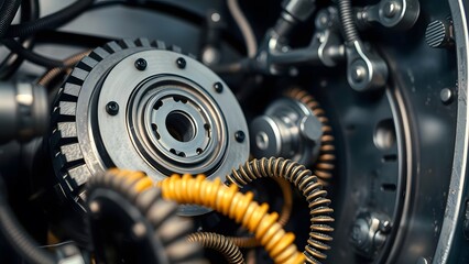 Fototapeta premium Close-up of an intricate mechanical system featuring gears and coils in a modern industrial design. 