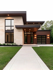 Modern home facade with a contemporary design, featuring a light beige stone exterior, dark brown accents, and a covered entryway