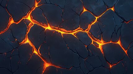 A textured surface featuring dark cracks illuminated by glowing orange lava, representing volcanic activity and geological processes. Volcanic Glow. Illustration