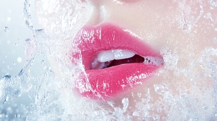 Fototapeta premium Pink glossed lips emerging from refreshing water splash, highlighting beauty and skincare aesthetic with sensual, dynamic visual appeal