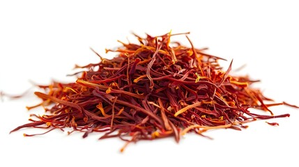 Saffron spice threads strands isolated on white