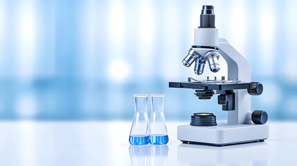 Modern microscope and test tubes on a lab table