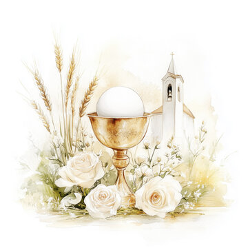 The First Holy Communion with Church Watercolor Illustration Isolated on White Background