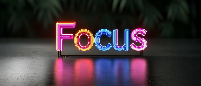 Pixel Art Neon Focus Sign in Pink Orange Blue and Purple Against Dark Tropical Plants Background With Reflection