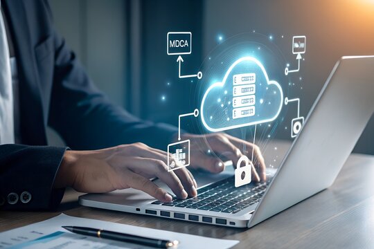 EDI, Electronic Data Interchange Concept. Businessman working on EDI (Electronic Data Interchange) icons, global data transfer, digital security, information paperwork exchange in business context