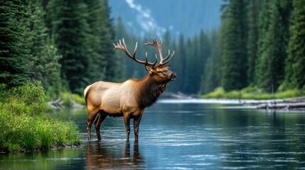 Fototapeta premium Elk by River in Mountains