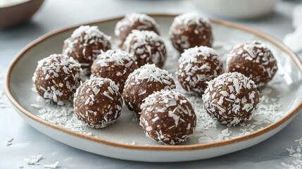 Delectable homemade energy balls elegantly coated in shredded coconut on a platter