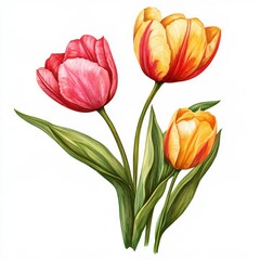 Tulips bloom on white canvas.