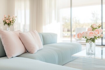 serene and modern living room bathed in natural daylight, featuring a soft pastel color palette of white, blush pink, and muted blue