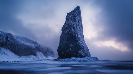 A solitary tall rock formation stands against a cloudy sky landscape