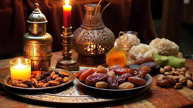 Ramadan iftar Eid. Muslim family has dinner at home. Table with traditional food. Eid al-Fitr celebrations