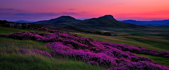 Sunset Landscape with Purple Heather and Rolling Hills