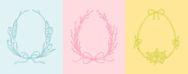 Hand drawn Easter egg botany frames. Bow ribbon coquette whimsical round border. Willow twig, tulip, rose botanical wreath. Spring aesthetic pastel filigree background. Filigree minimal design