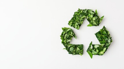 Green recycling symbol crafted from fresh leaves, symbolizing sustainable eco friendly environmental conservation on crisp white backdrop