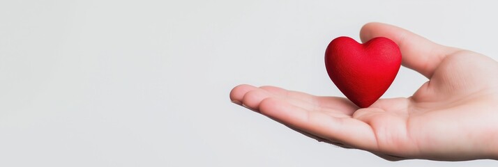 Fototapeta premium A hand delicately holds a vibrant red heart, symbolizing love and care, perfect for expressing emotions and connections in relationships and personal expressions.