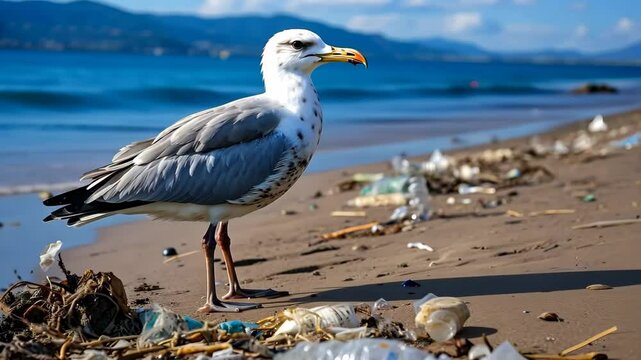 Sea gull on the coast polluted by plastic debris.