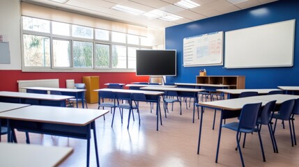 Bright and Modern Classroom Setup with Empty Desks and Chairs