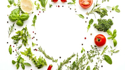 Circle made of different herbs and vegetables