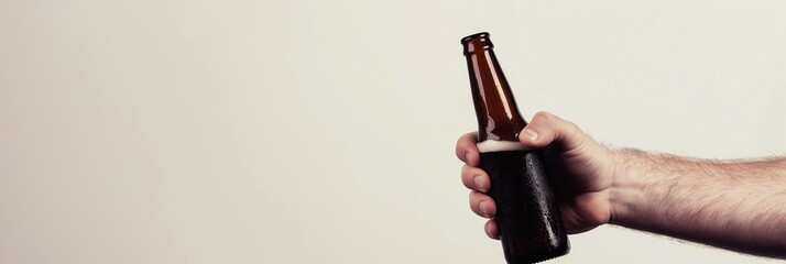 A hand holding a cold beer bottle, showcasing the frosty exterior. The image evokes a sense of relaxation and enjoyment, perfect for social occasions or casual moments.