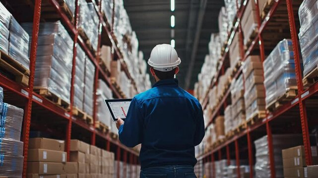 A warehouse manager reviews inventory data on a tablet while standing between rows of shelves filled with packaged goods
