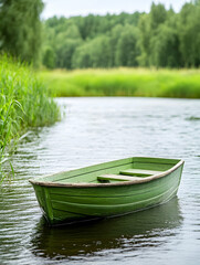 Obraz premium Peaceful green boat on a serene river