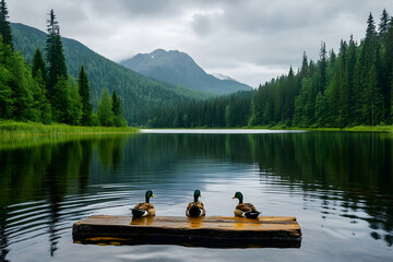 Peaceful lake scene with ducks on a wooden raft
